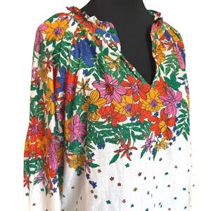 Talbots Womens Medium Floral Border Print Split Neck Blouse White